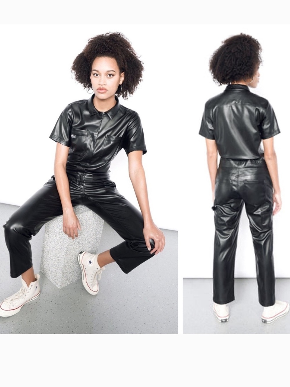 Wildfang THE ESSENTIAL VEGAN
LEATHER SHORT SLEEVE COVERALL black jumpsuit large